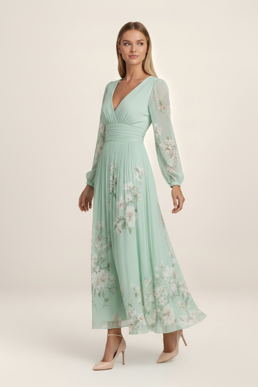 Elegant Floral Chiffon Midi Dress with V-Neckline | Flattering A-Line Fit for Effortless Style