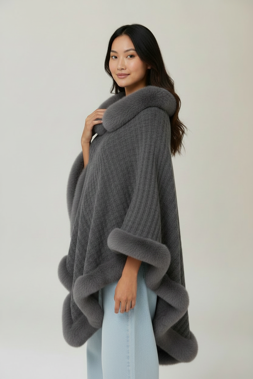 Women's Knitted Cape Coat with Faux Fur Trim