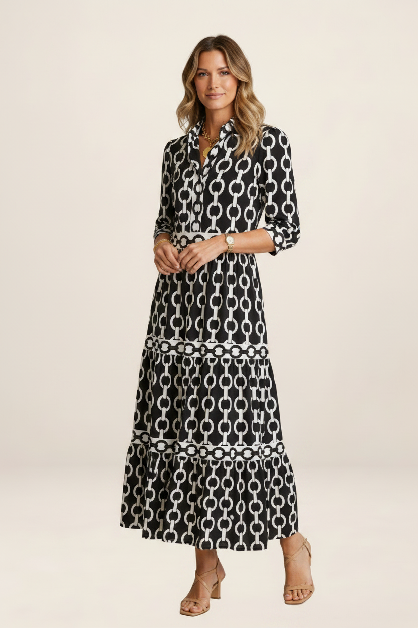 Midi Dress | Women's Chain Print with Flattering Relaxed Fit | Perfect for Everyday Style