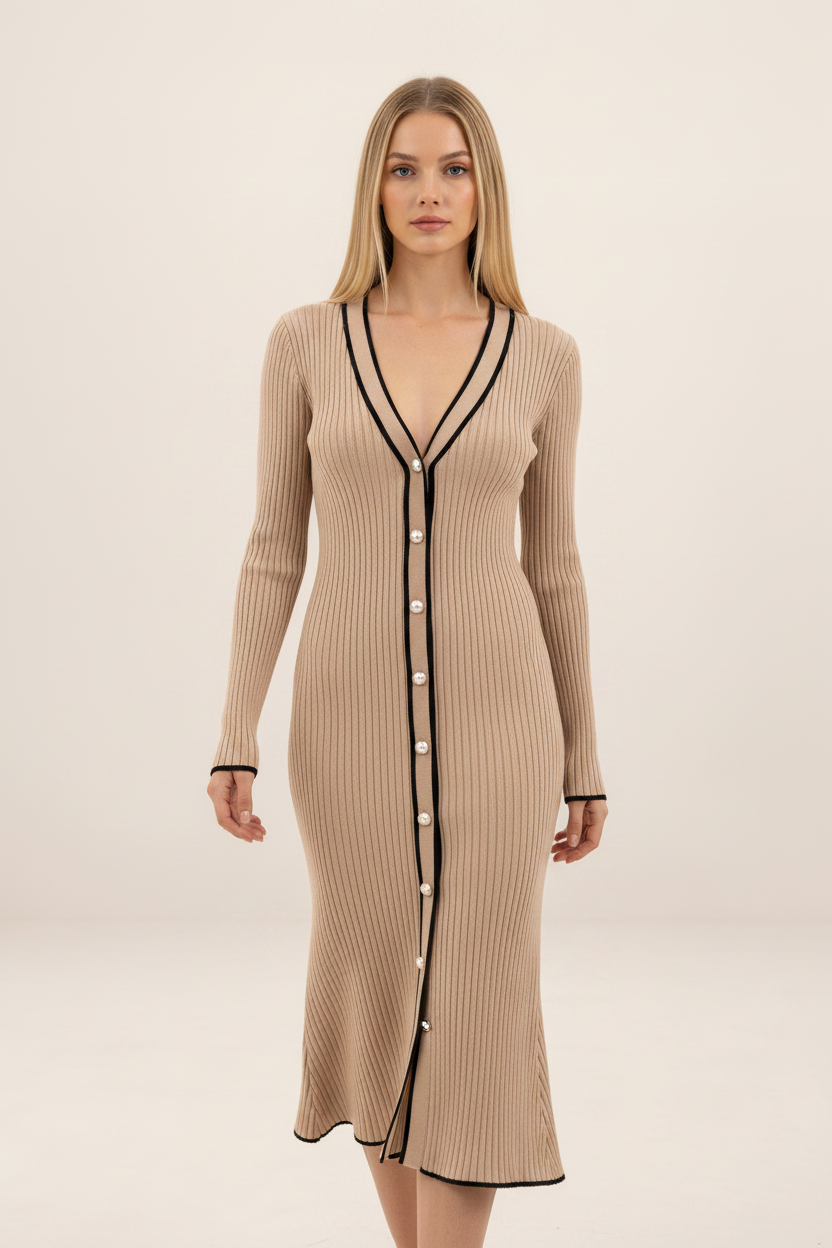Midi Dress | Long Sleeve Ribbed Knitted Design with Button Front | Versatile V-Neck Style for Every Occasion