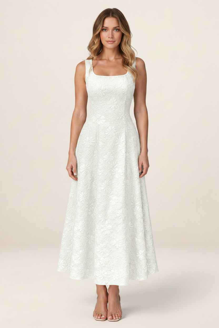 Elegant Floral Jacquard Midi Dress with Structured Bodice | Perfect for Weddings and Special Occasions