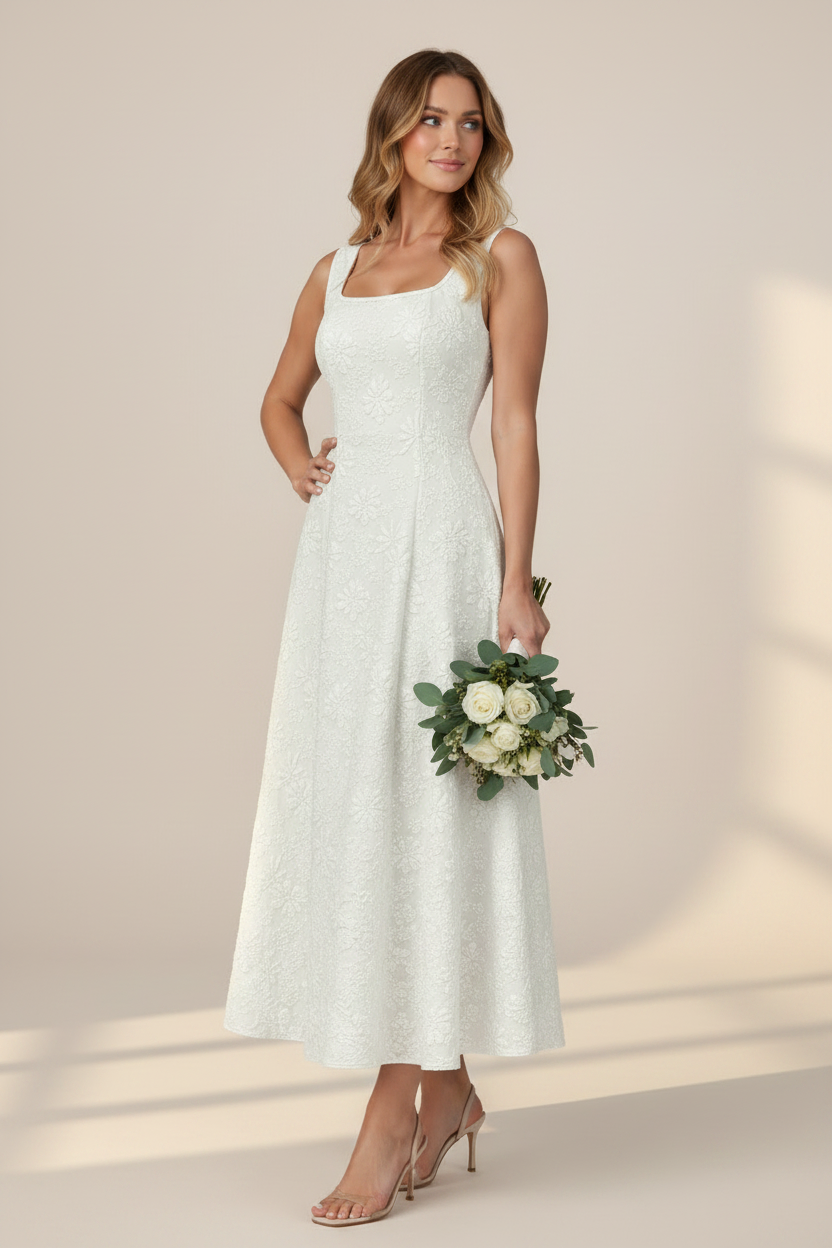 Elegant Floral Jacquard Midi Dress with Structured Bodice | Perfect for Weddings and Special Occasions