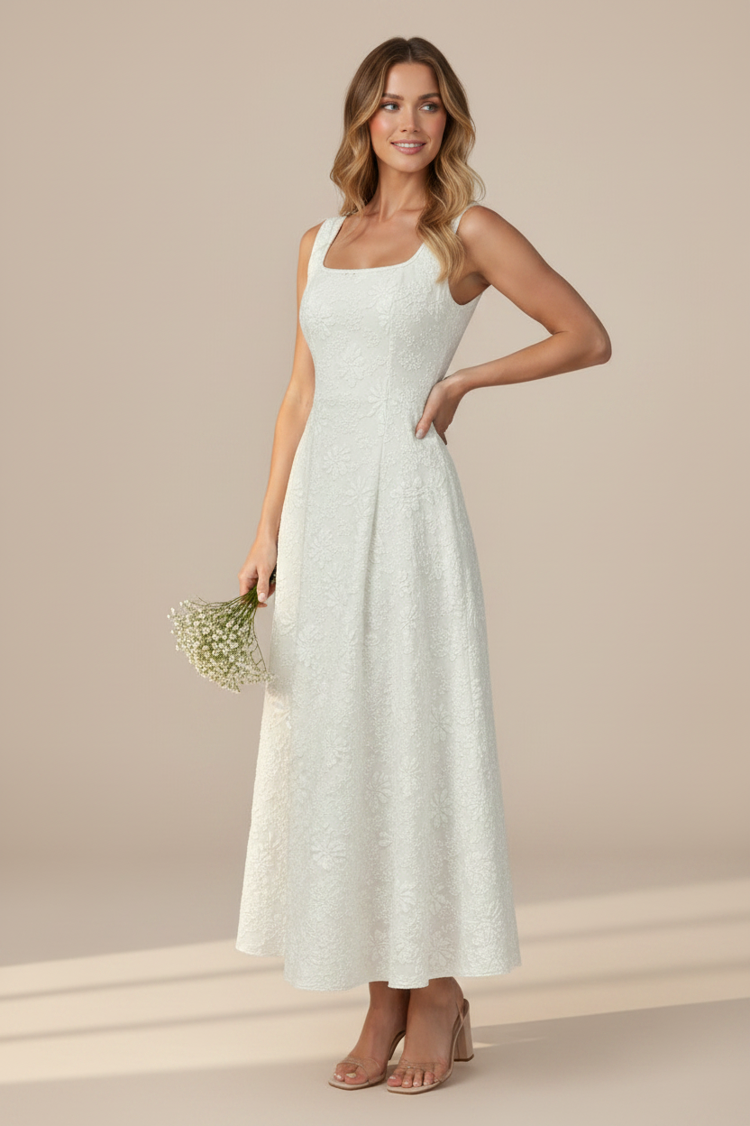 Elegant Floral Jacquard Midi Dress with Structured Bodice | Perfect for Weddings and Special Occasions