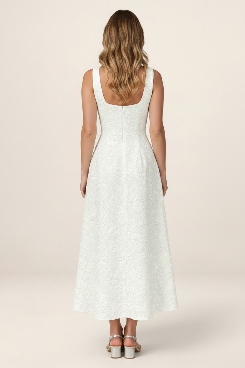 Elegant Floral Jacquard Midi Dress with Structured Bodice | Perfect for Weddings and Special Occasions