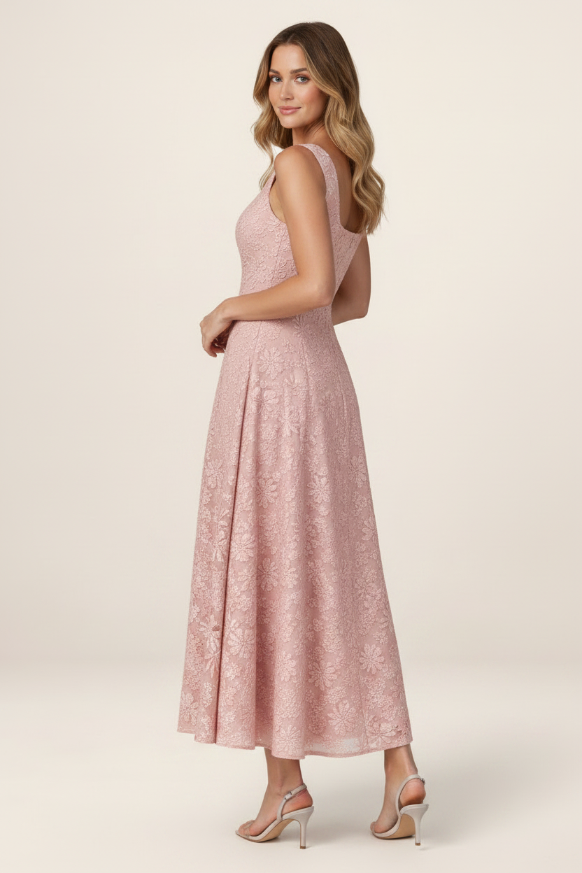 Elegant Floral Jacquard Midi Dress with Structured Bodice | Perfect for Weddings and Special Occasions