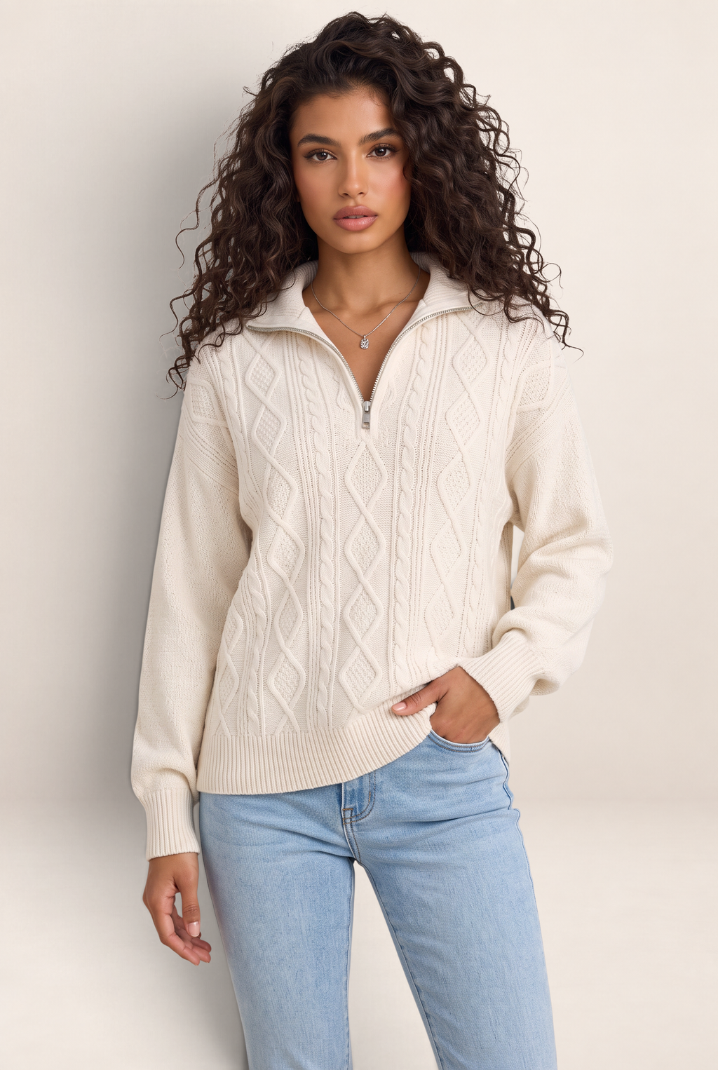 Women's Half Zip Cable Knit Jumper – Chunky Winter Sweater