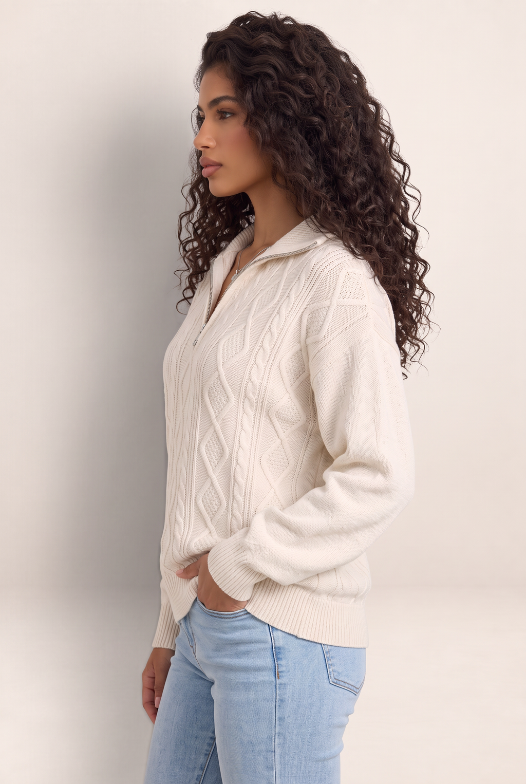 Women's Half Zip Cable Knit Jumper – Chunky Winter Sweater
