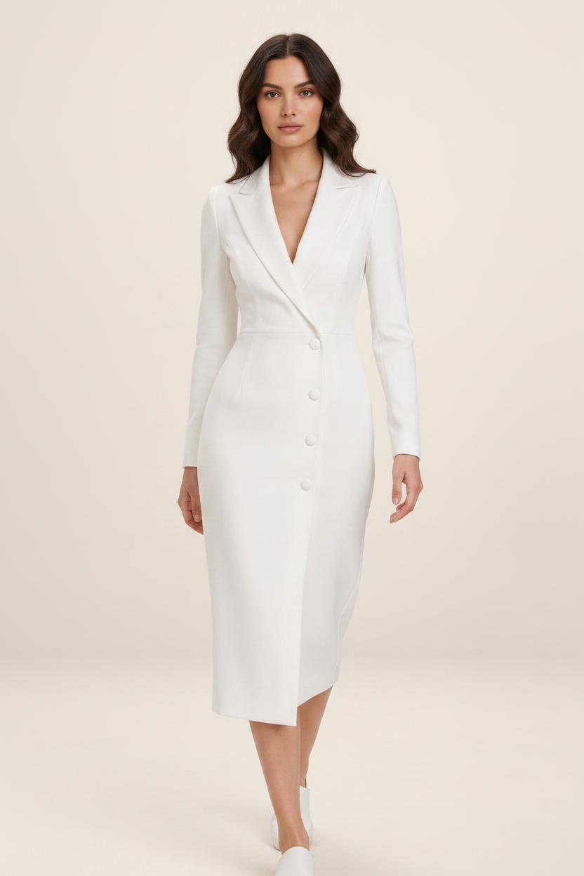 Elegant Midi Dress | Women's Tailored Blazer Style with Button-Front Detail | Sophisticated Look for Special Occasions