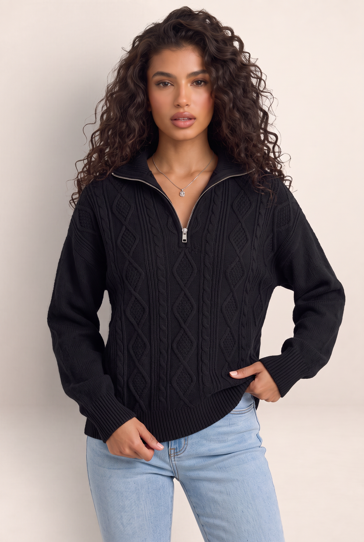 Women's Half Zip Cable Knit Jumper – Chunky Winter Sweater