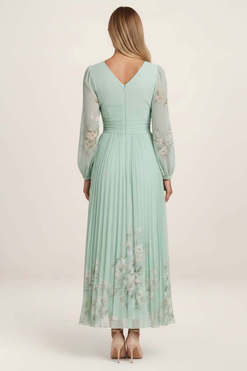 Elegant Floral Chiffon Midi Dress with V-Neckline | Flattering A-Line Fit for Effortless Style