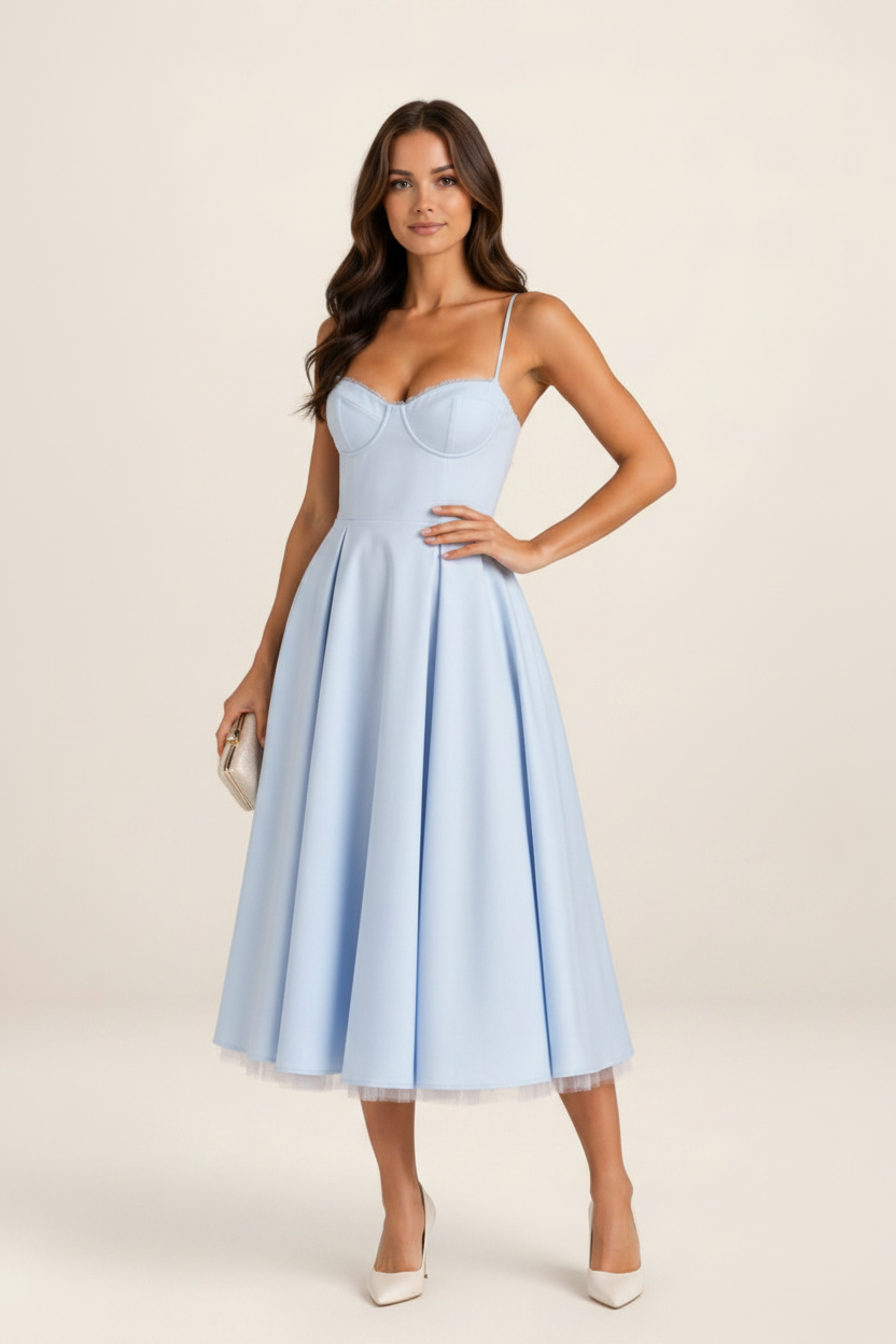 Elegant Midi Dress with Corset Bodice & Flowing Skirt for Special Occasions