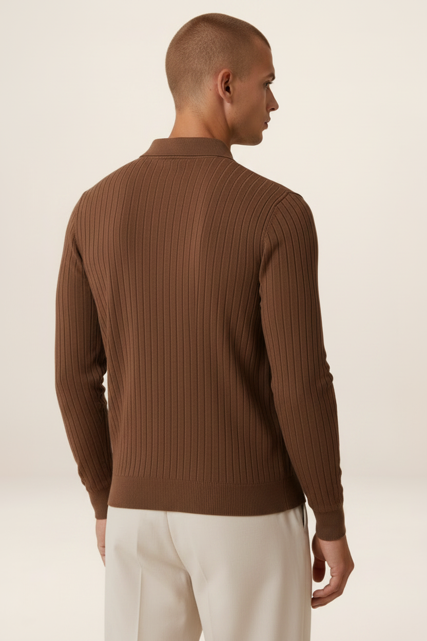 Men's Ribbed Knit Polo Sweater Smart Casual Pullover