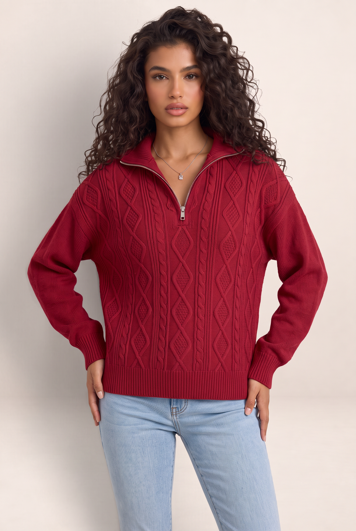 Women's Half Zip Cable Knit Jumper – Chunky Winter Sweater