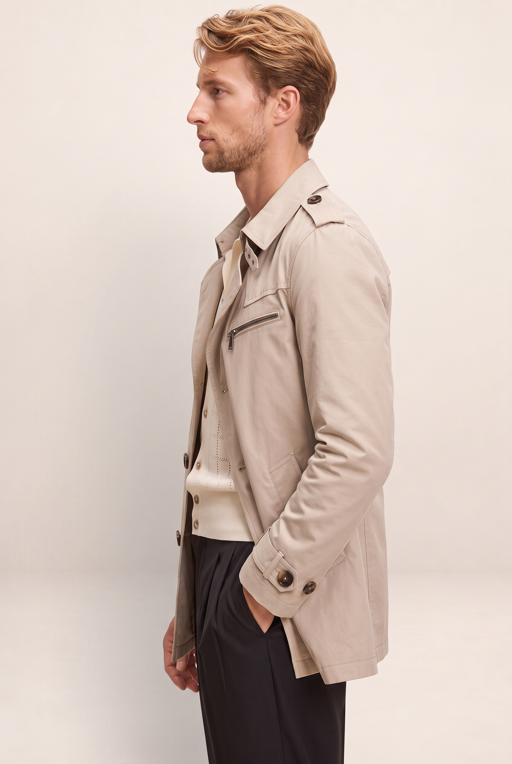 Classic Trench Coat Men | Double Breasted Design with Adjustable Waist Tabs