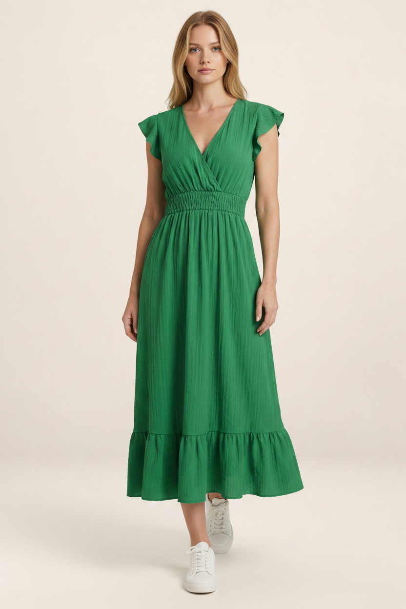 Elegant Midi Dress with V-Neck & Shirred Waist for Effortless Style