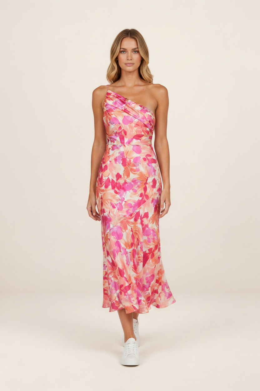 Floral Midi Dress | One-Shoulder Design with Soft Satin Finish | Elegant Wedding Guest Dress for Summer Occasions
