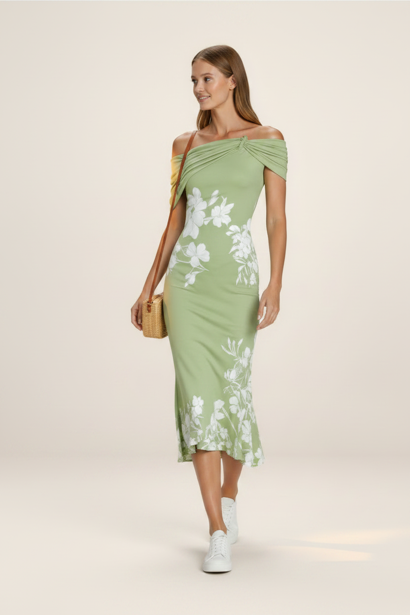 Floral Midi Dress | Women's Off-Shoulder Summer Dress with Lightweight Fabric | Elegant Style for Effortless Comfort