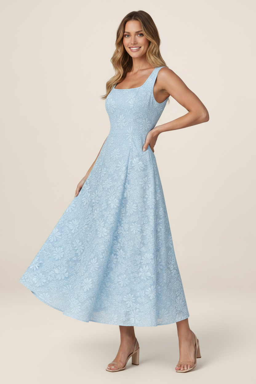 Elegant Floral Jacquard Midi Dress with Structured Bodice | Perfect for Weddings and Special Occasions