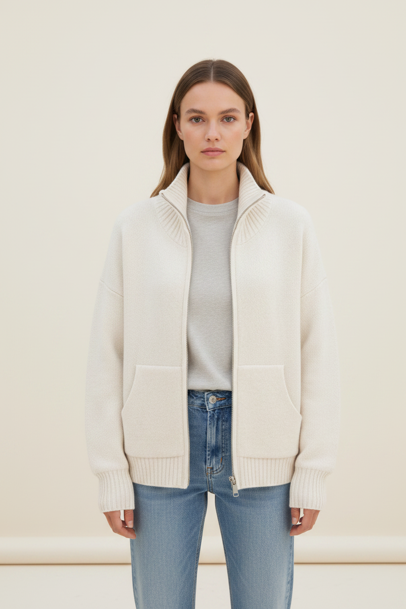Elegant Knitwear Women | Cream Knitted Cardigan with Cozy Funnel Neck Design | Versatile Layering for Warmth and Style