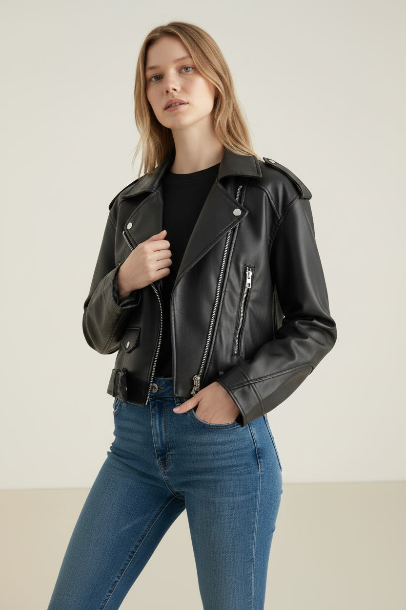 Classic Faux Leather Biker Jacket | Relaxed Fit with Adjustable Waist Belt for Effortless Style