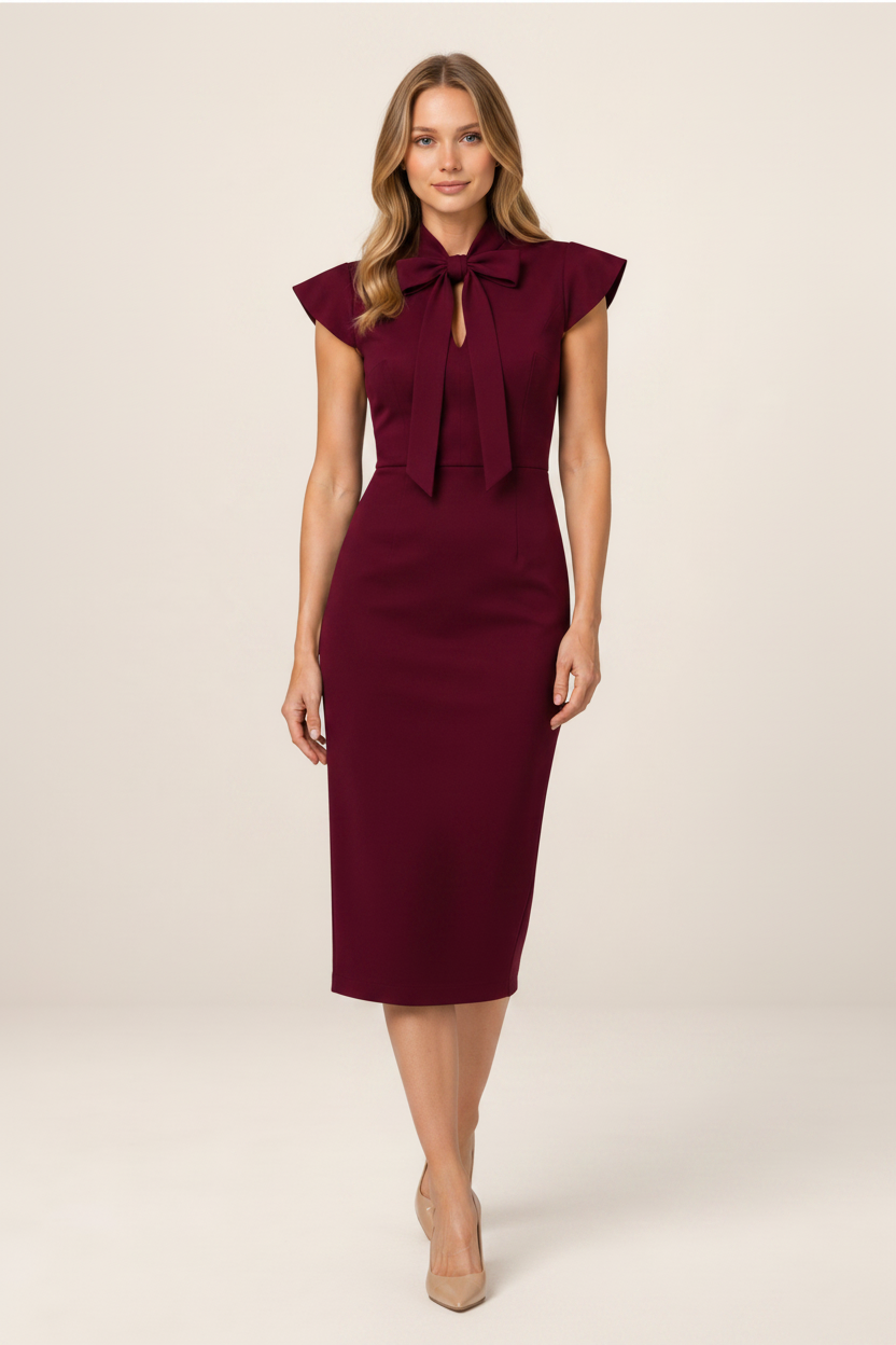 Elegant Midi Dress with Bow Tie Neckline | Timeless Formal Wear for Every Occasion