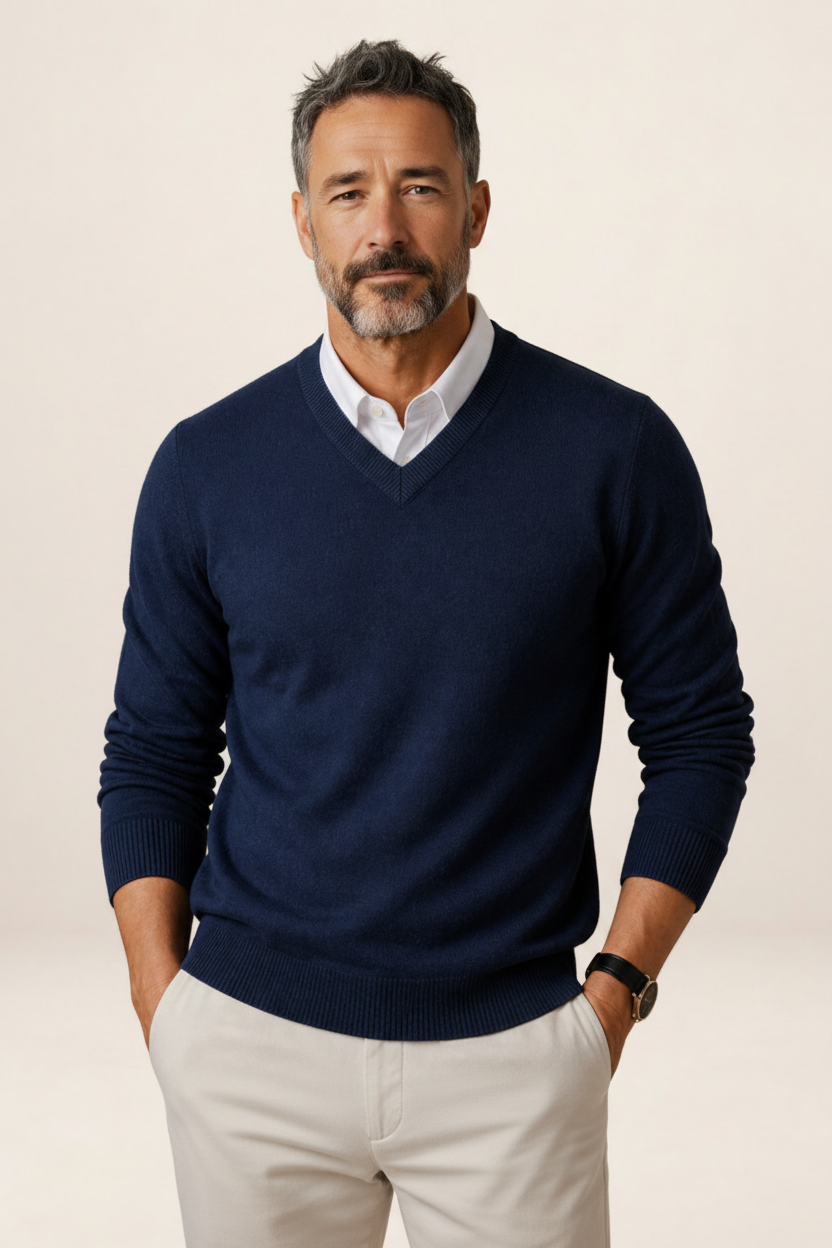 Men's V-Neck Knit Sweater - Casual Pullover
