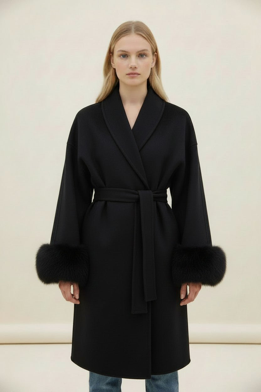 Wool Blend Wrap Coat with Faux Fur Trim