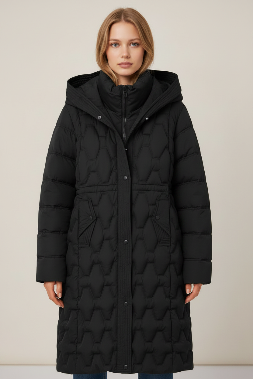 Women's Long Puffer Coat with Geometric Quilting
