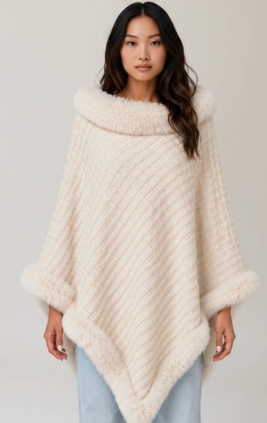 Elegant Knitwear | Women's Knitted Cape Coat with Faux Fur Trim | Stylish Layering for Autumn and Winter