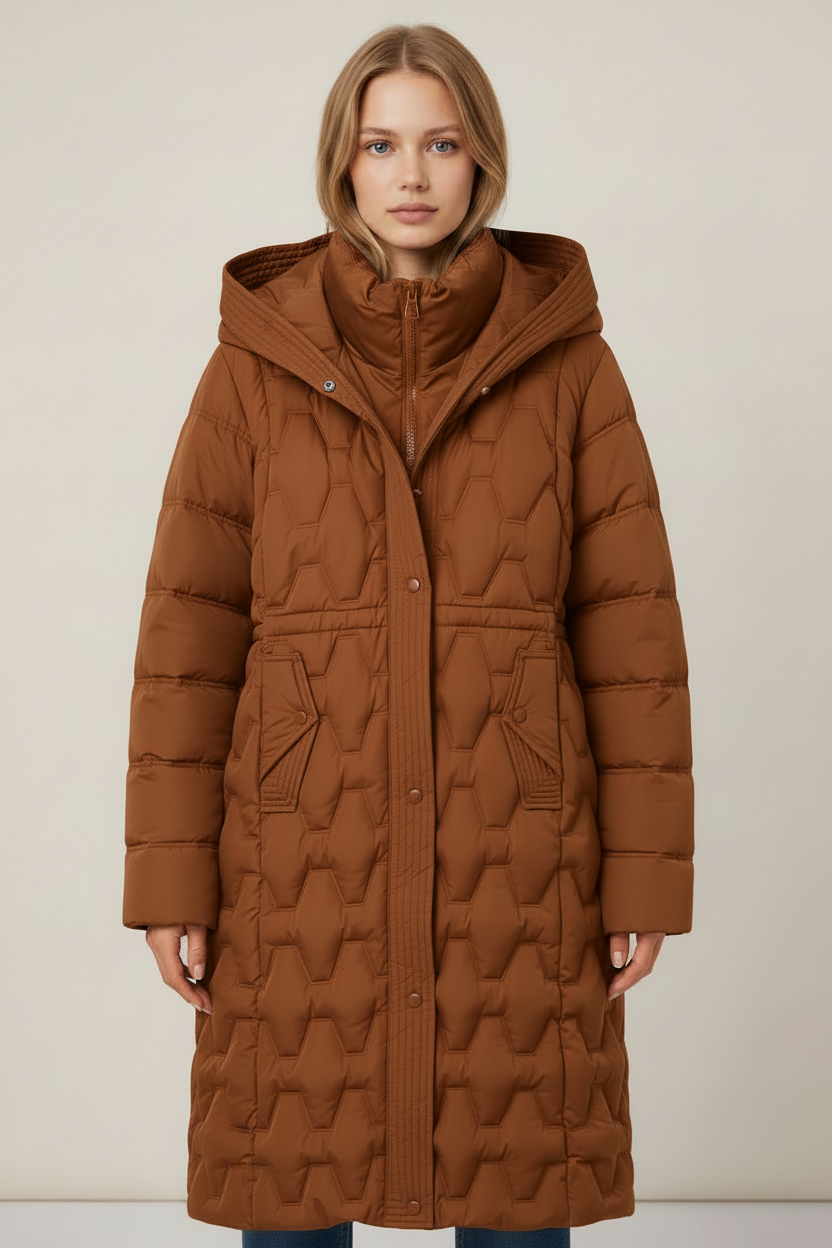 Women's Long Puffer Coat with Geometric Quilting